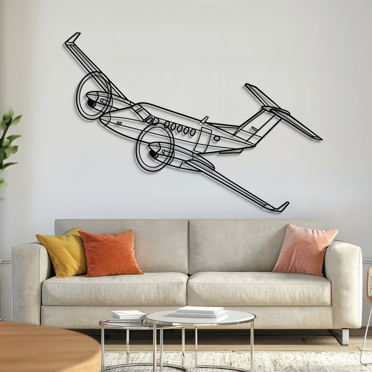 King Air 300 angle metal aircraft wall art in 2 mm laser‑cut steel with matte powder‑coated textured finish and 1 cm elevation screws for a floating 3D effect