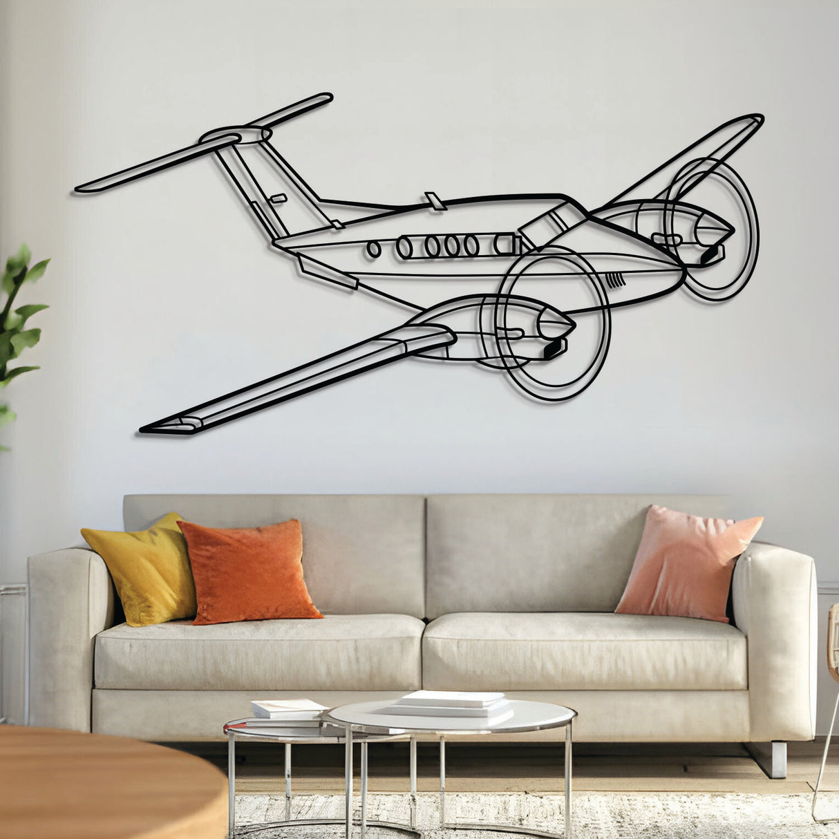 King Air F90 angle metal aircraft wall art in 2 mm laser‑cut steel with matte powder‑coated textured finish and 1 cm elevation screws for a floating 3D effect