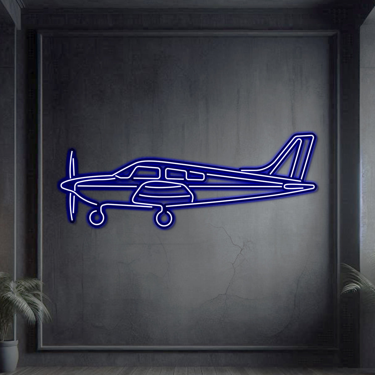Aviation-inspired Archer LX neon wall art in matte steel, laser-cut precision, modern décor
