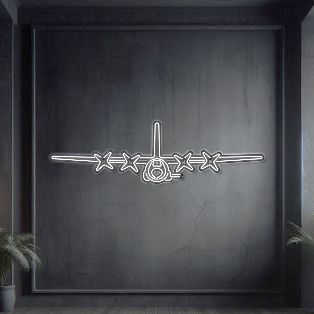 AC-130U front neon aircraft wall art, laser-cut 2 mm steel, matte powder coat, 3D elevated effect