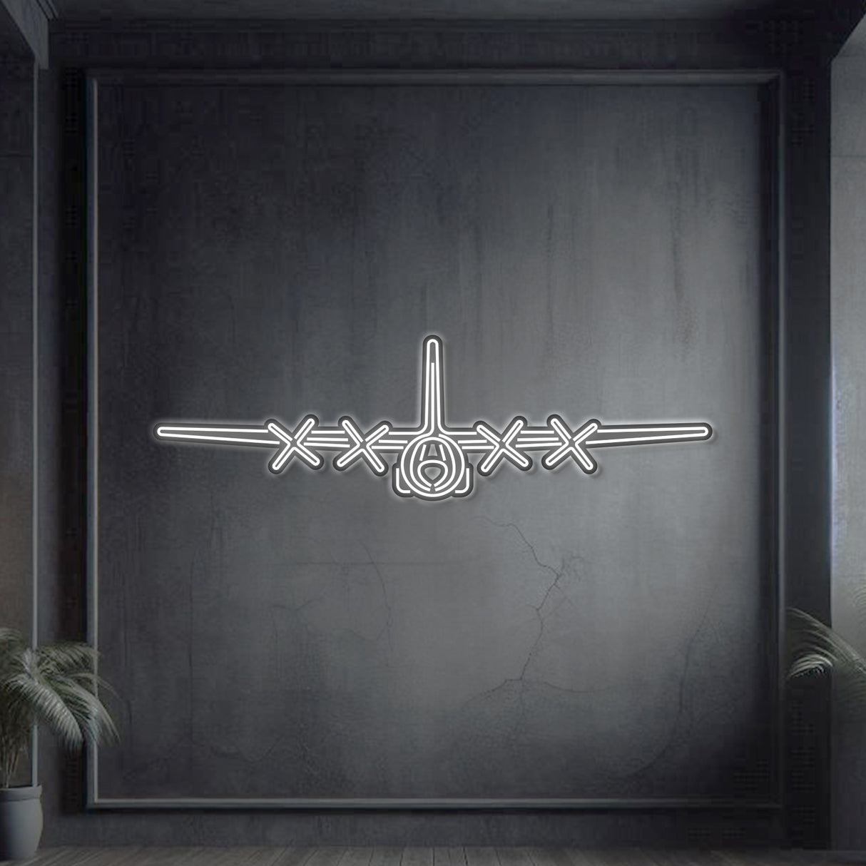 C‑130H Hercules front-view neon silhouette wall art, laser‑cut steel showcasing broad wings and quad turboprop engines in bold 3D relief