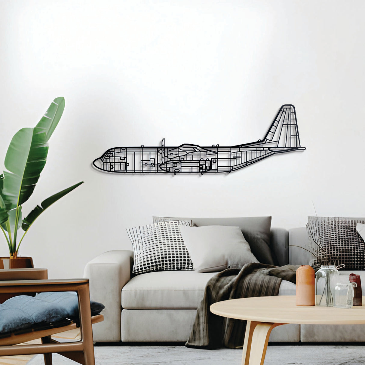 C-130 military transport silhouette — sleek black metal aviation décor