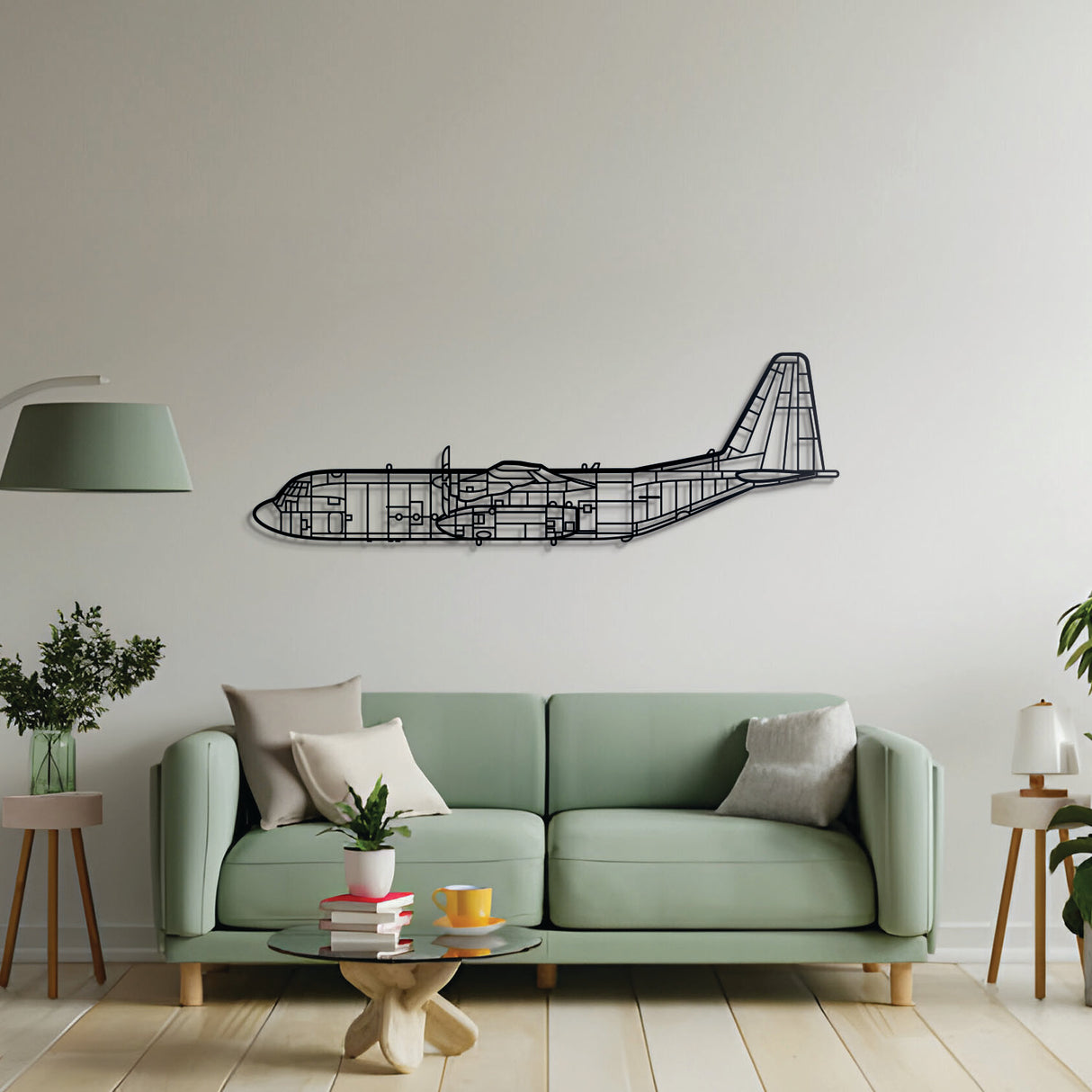 Minimalist C-130 Hercules metal wall art with subtle floating design