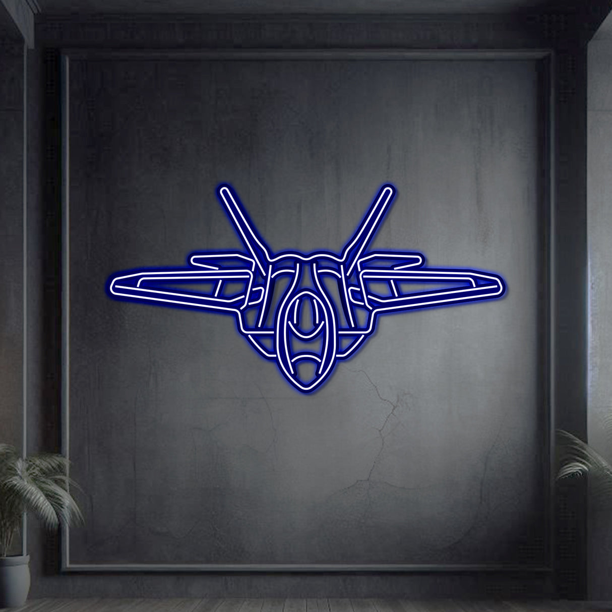 Neon-lit F-22 angled aircraft silhouette, textured matte steel with floating neon frame for immersive 3D effect