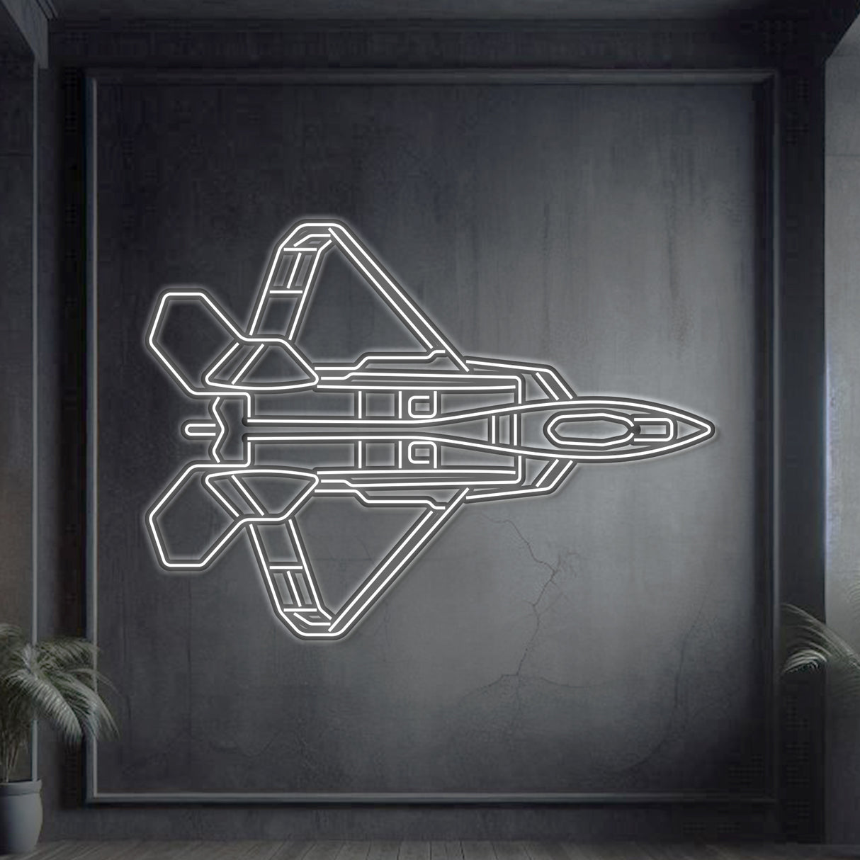 F‑22 Raptor top‑view neon silhouette wall art, laser‑cut steel with glowing neon outline and striking 3D elevation