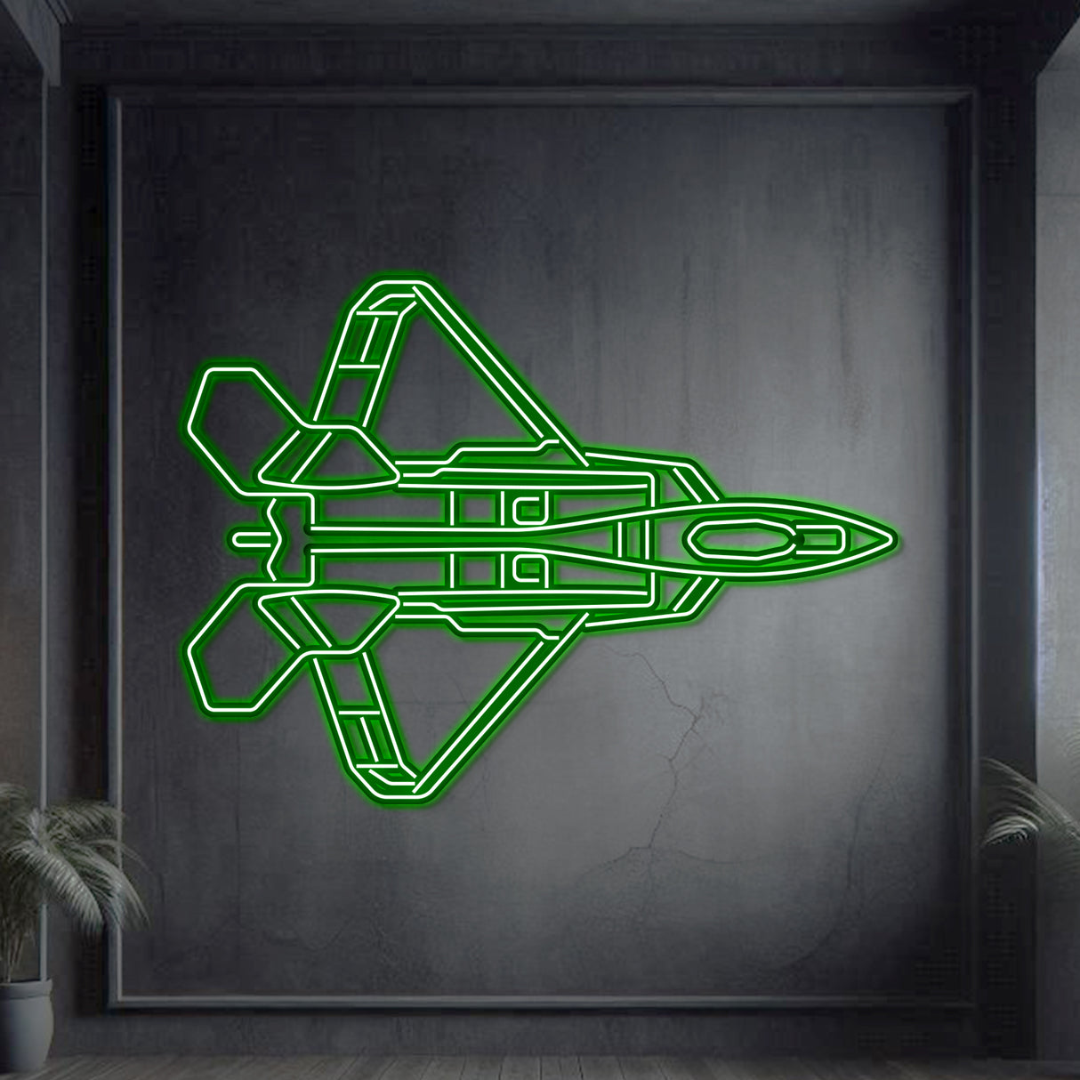 F‑22 neon wall art, sleek modern aviation décor ideal for hangars, offices, or contemporary living spaces