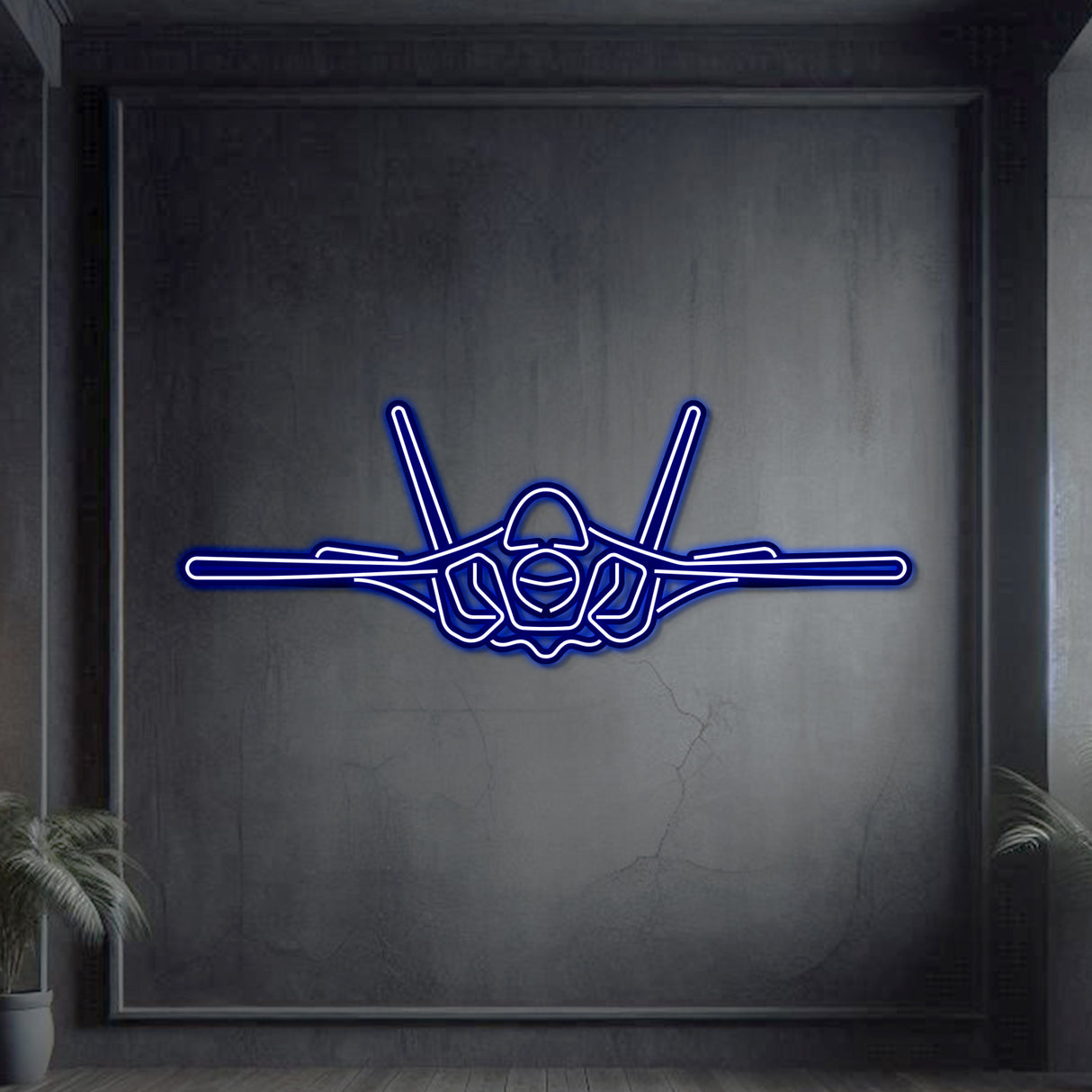 Neon‑lit F‑35A silhouette wall art, textured matte steel with floating neon frame for striking 3D depth