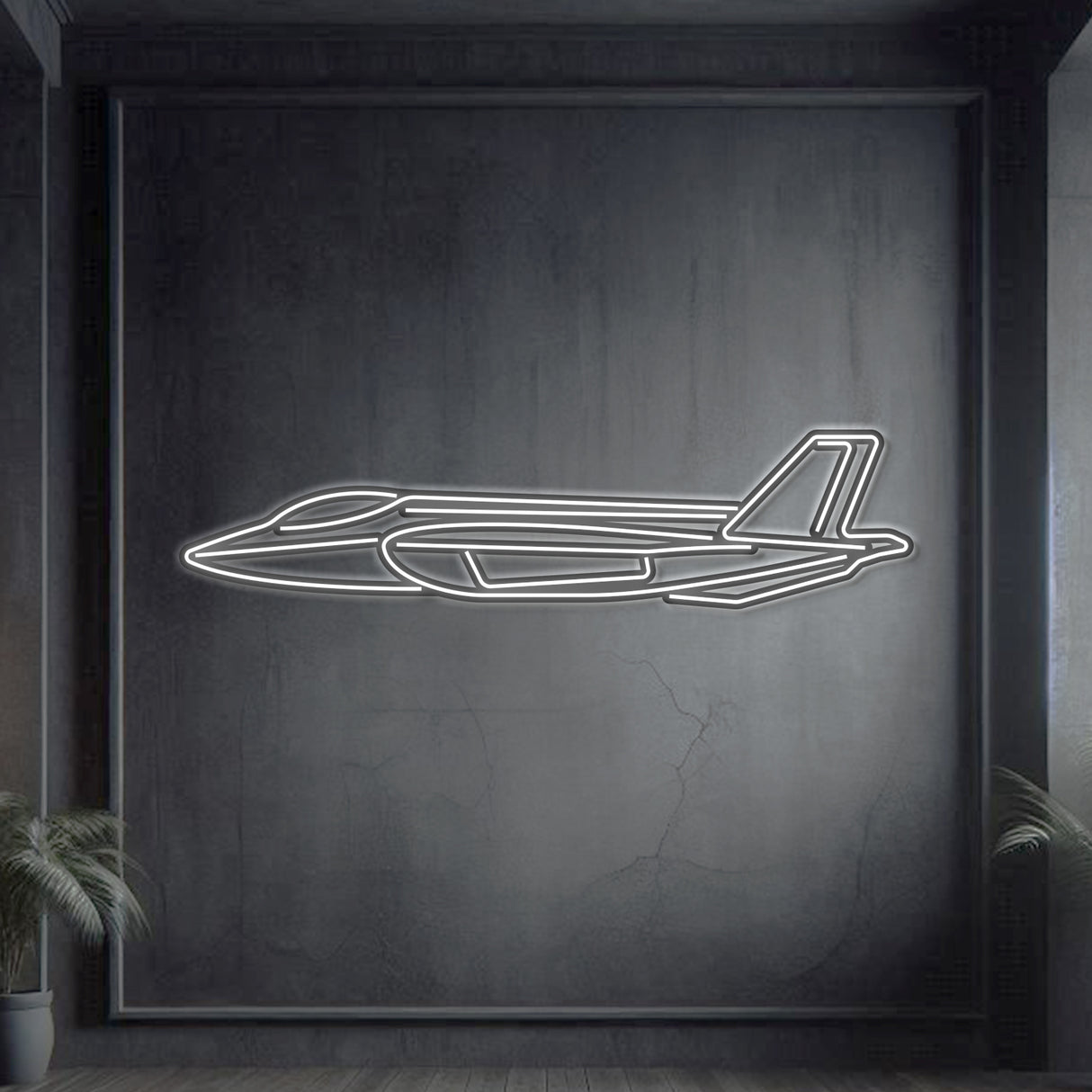 F‑35A Lightning II frontal neon silhouette wall art, laser‑cut steel with glowing neon outline and striking 3D elevation