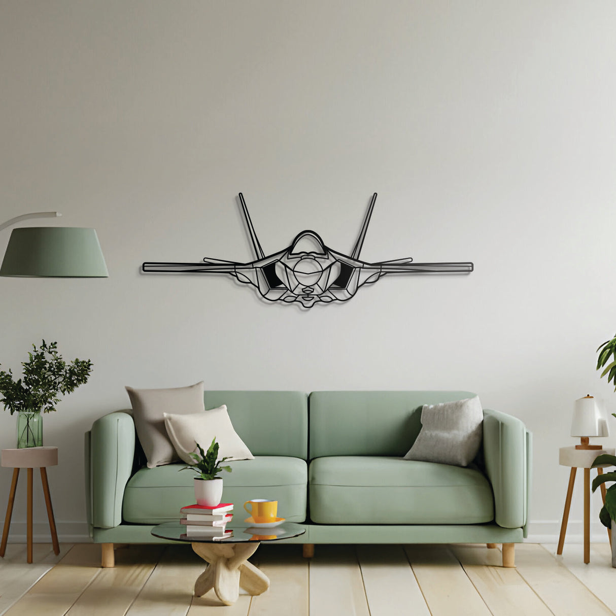 F-35A front profile stealth jet metal art, laser-cut steel ready-to-hang décor for living spaces