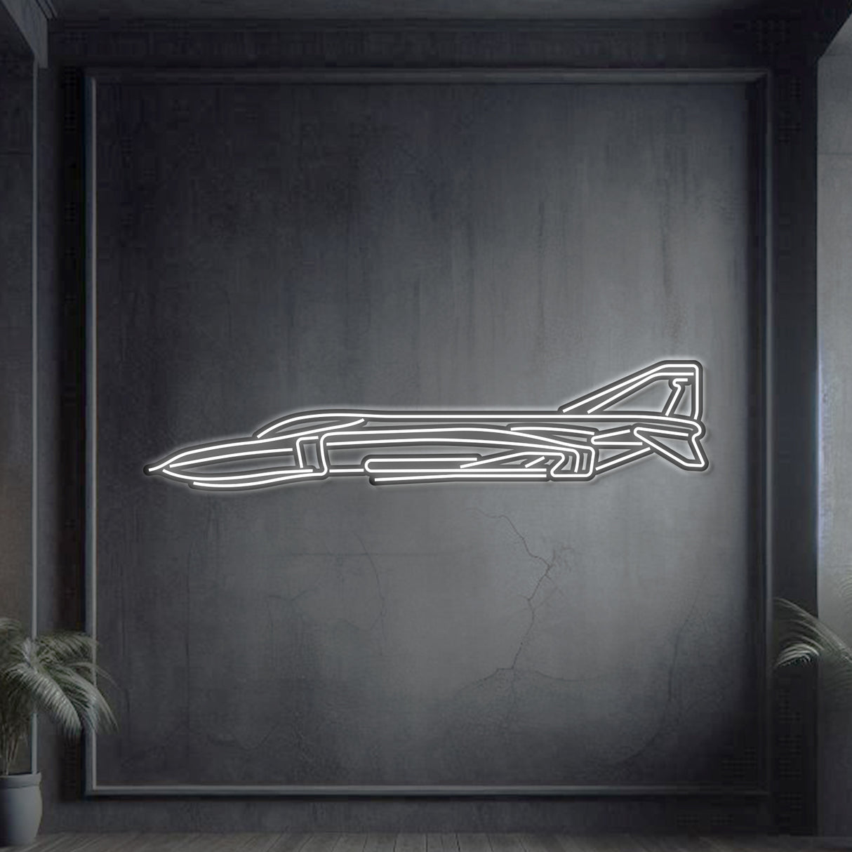 F‑4C Phantom II neon silhouette wall art, laser-cut steel with dual-seat supersonic jet profile and glowing neon outline