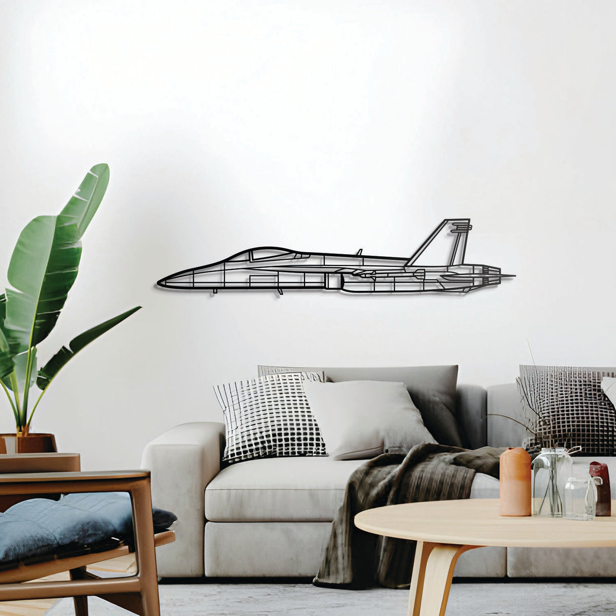 F/A‑18C wall décor – elevated slightly off the wall using spacers to create a dramatic 3D shadow effect of its rugged mid‑wing profile and carrier suitability