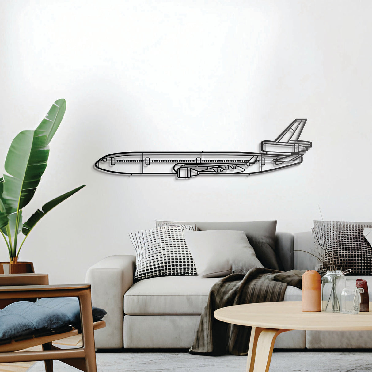 MD-11 three-engine freighter silhouette, floating 1 cm from wall, ready-to-hang aviation piece
