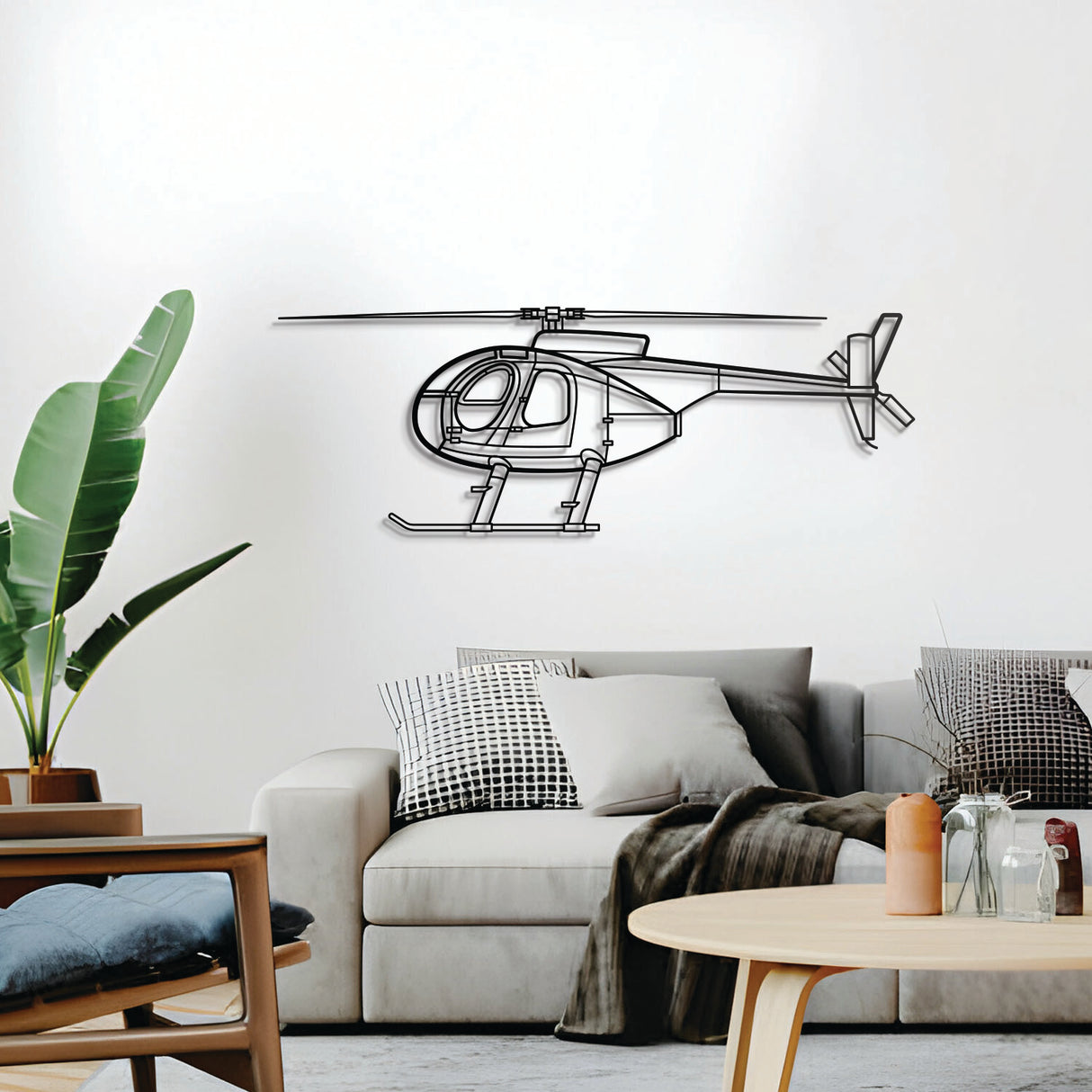 Ready-to-hang MD‑500C Front helicopter wall decor, textured dyed steel—perfect aviation enthusiast gift