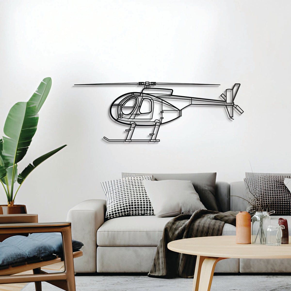 Ready-to-hang MD‑500C Front helicopter wall decor, textured dyed steel—perfect aviation enthusiast gift