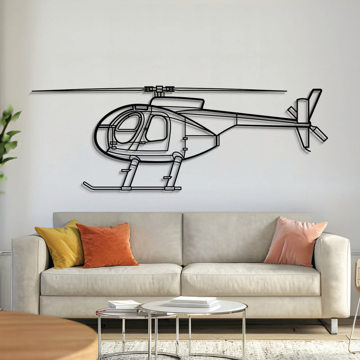 MD‑500C Front metal aircraft wall art in 2 mm laser-cut steel with matte powder-coated textured finish and 1 cm elevation screws for a floating 3D look