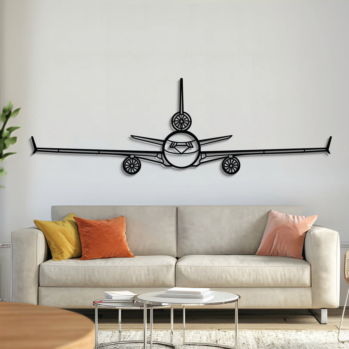 Douglas MD‑11 front-view metal wall art – laser-cut matte black steel airliner silhouette décor