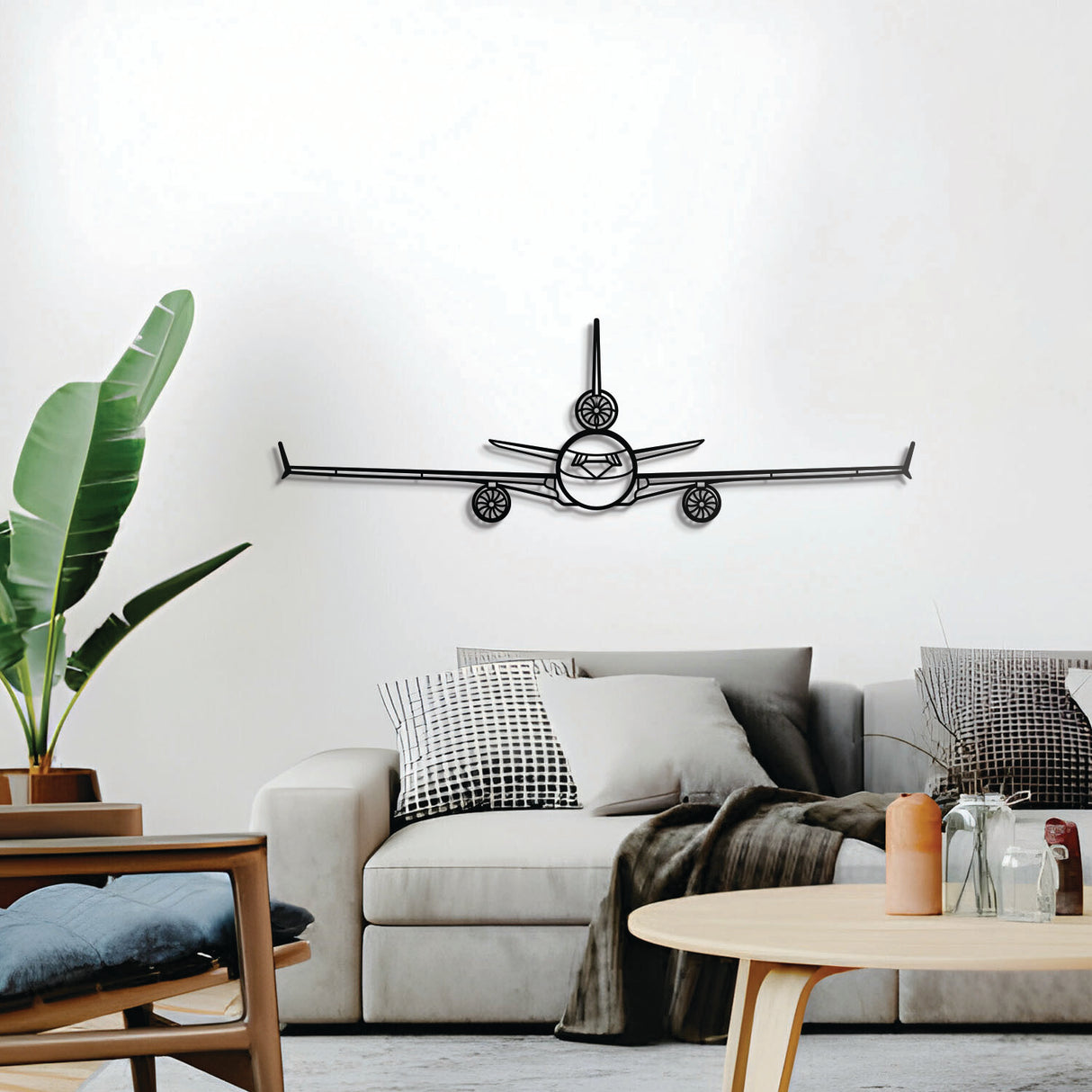 Douglas MD‑11 metal aircraft wall sculpture – minimalist front-facing airliner décor for hangar or office