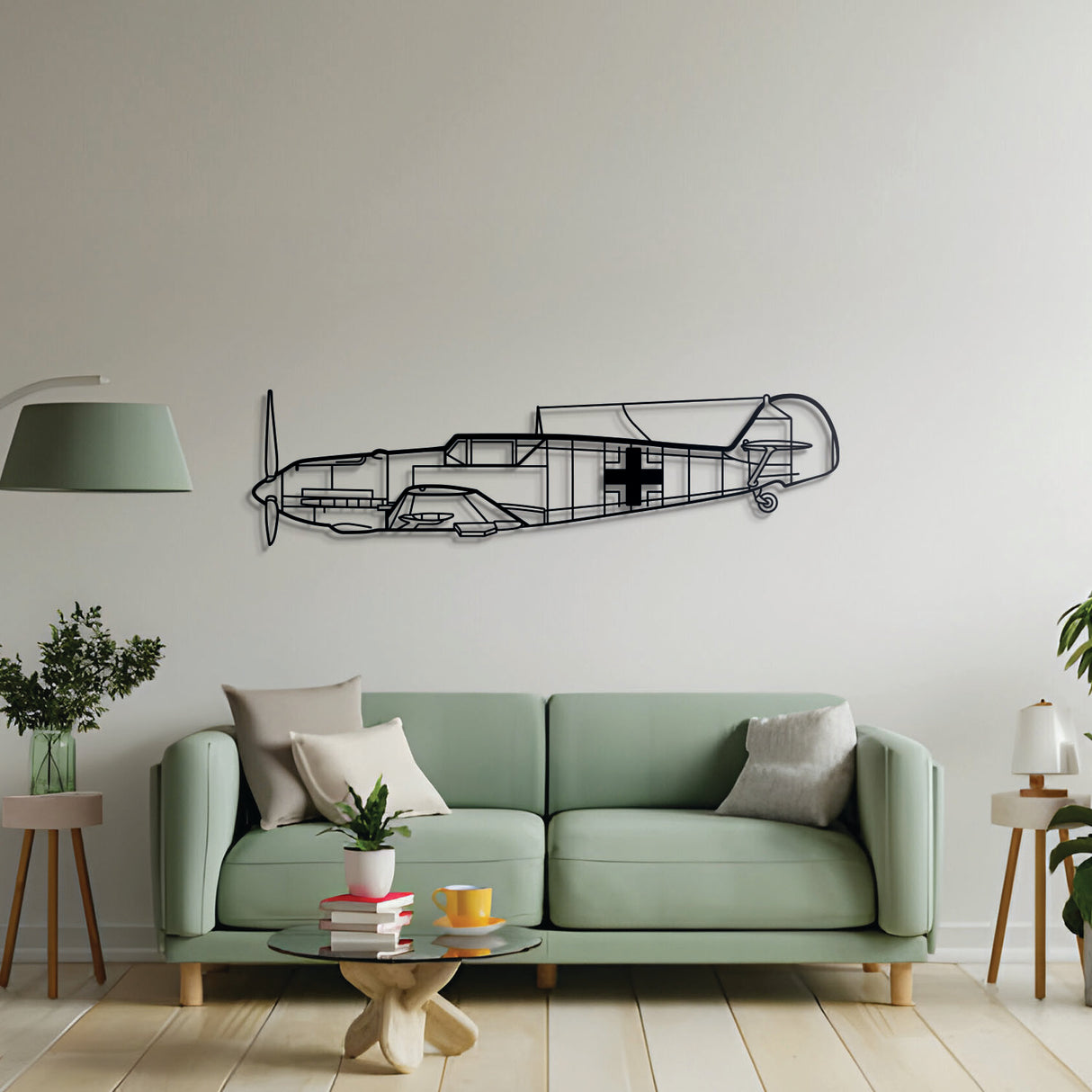 Minimalist Messerschmitt Bf 109 metal art — subtly elevated off the wall for dimension