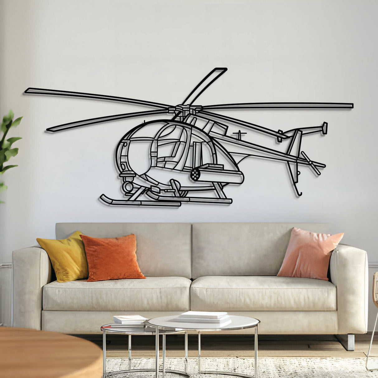 MH‑6 Little Bird metal aircraft wall art, laser‑cut 2 mm steel with matte powder coat and floating 3D effect