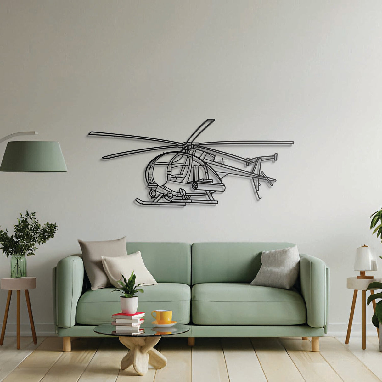 Aviation décor: MH‑6 Little Bird metal wall art in matte steel with 3D floating effect for hangar or office