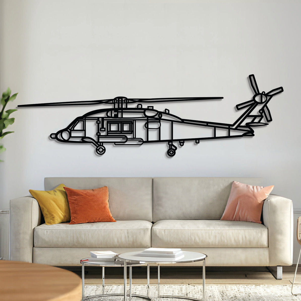 MH‑60 Seahawk metal aircraft wall art, laser‑cut 2 mm steel with matte textured finish and 3D elevation