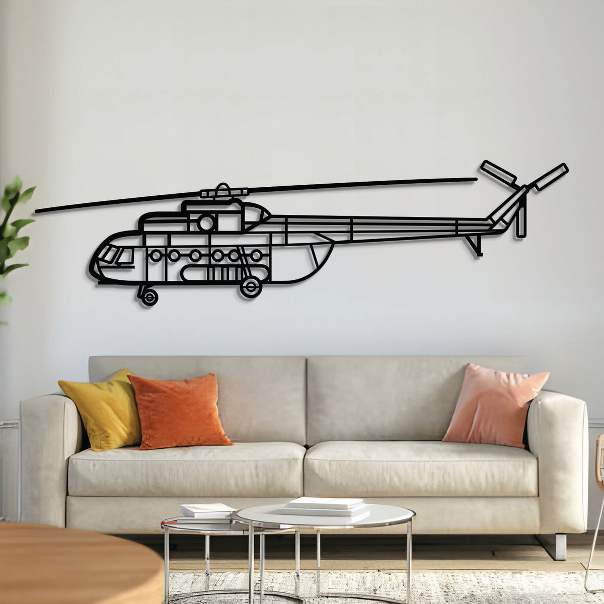 Mi‑8 metal aircraft wall art, laser‑cut 2 mm steel with matte textured finish and 3D elevation
