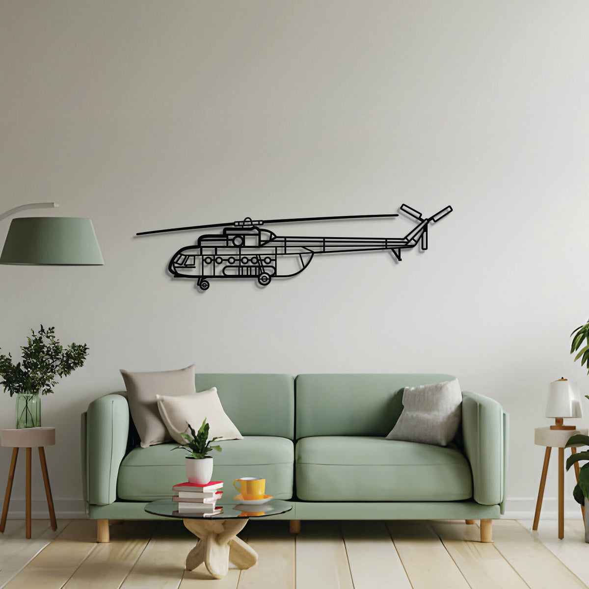 2 mm steel Mi-8 wall art, laser-cut matte finish, floats 1 cm off wall for dramatic 3D effect