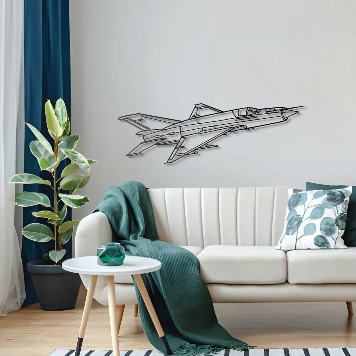 Sleek MiG‑21 Lancer metal wall art, laser‑cut matte steel with modern floating 3D presence