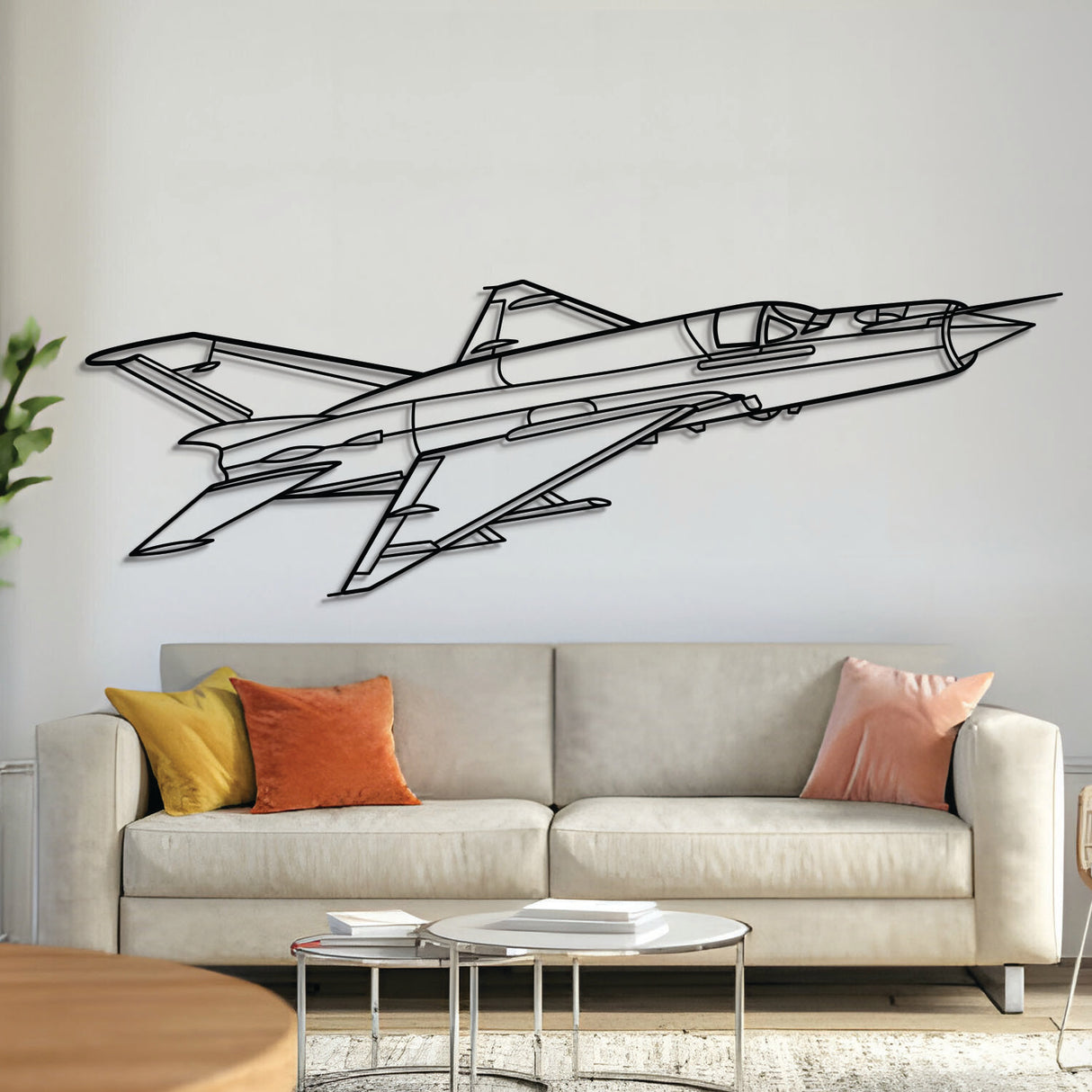 MiG‑21 Lancer metal aircraft wall art, laser‑cut 2 mm steel with matte powder coat and floating 3D effect