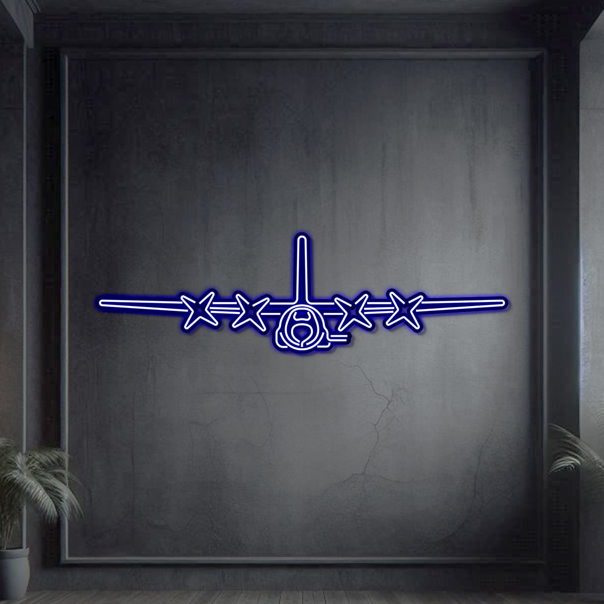 Gunship-inspired AC-130U neon wall art, laser-cut steel with matte powder coat and 3D elevation