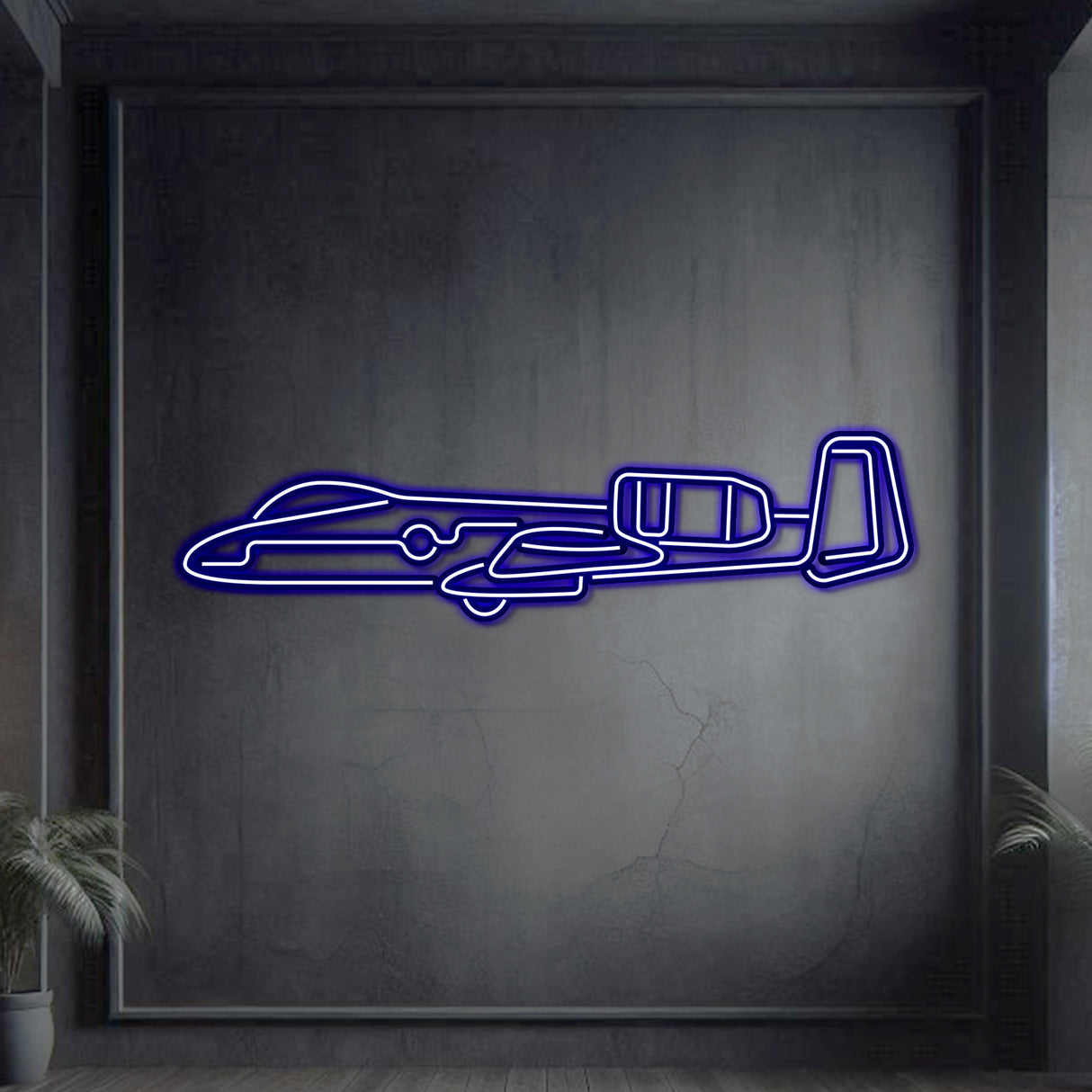 Gunship-inspired A-10 Thunderbolt 2 neon wall art, laser-cut matte steel with floating 3D presence