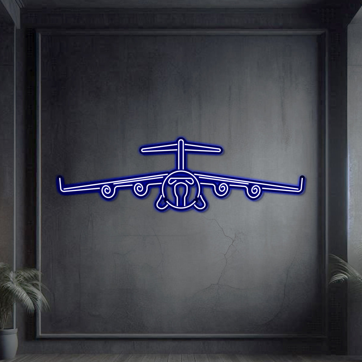Neon-lit C‑17 silhouette in textured matte steel with floating neon frame for immersive 3D depth and commanding presence