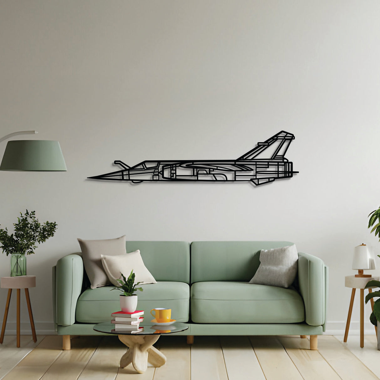 2 mm steel Mirage F1CT wall art, laser‑cut matte finish, floats approximately 1 cm off wall for dynamic 3D look