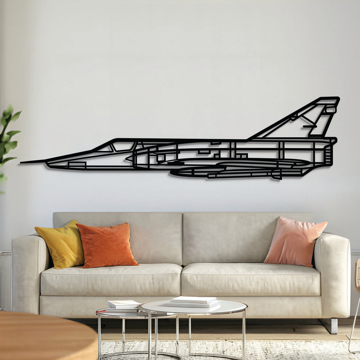 Mirage III metal aircraft wall art, laser-cut 2 mm steel with matte textured finish and 3D elevation