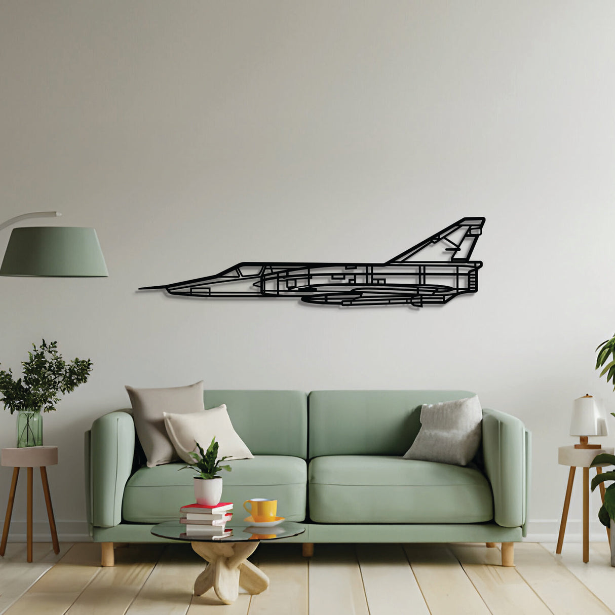 2 mm steel Mirage III wall art, laser-cut matte finish, floats 1 cm off wall for dynamic 3D effect