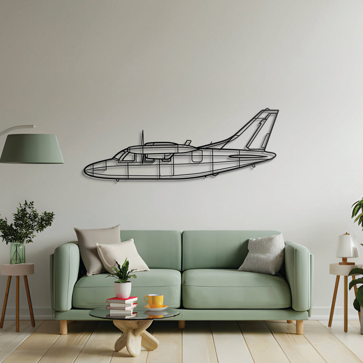 Historic MU‑2K silhouette – powder‑coated matte finish blending with contemporary interiors; first flew in 1963 and boasts cruise speeds rivaling early light jets with service ceilings near 29,500 ft