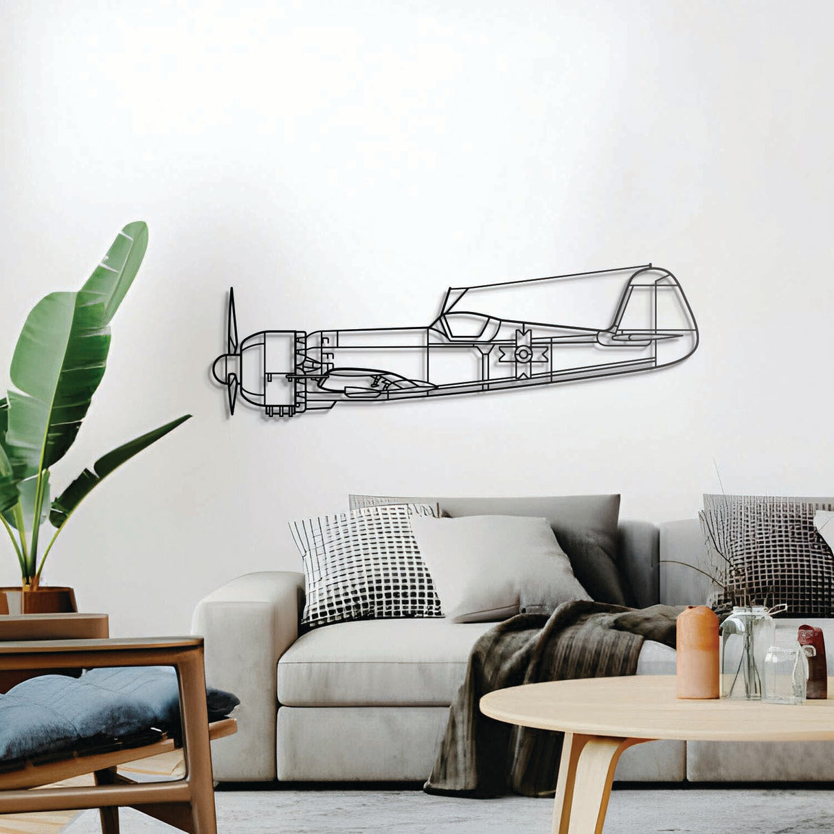 Model 80 metal wall décor, textured matte steel lifted 1 cm for sleek floating aviation design