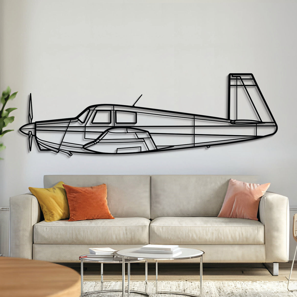 Mooney M20C metal airplane wall art – laser-cut steel silhouette with matte finish and 3D floating effect