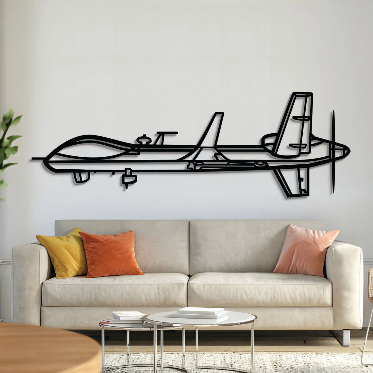 MQ‑9B Reaper metal aircraft wall art, laser-cut 2 mm steel with matte textured finish and 3D elevation