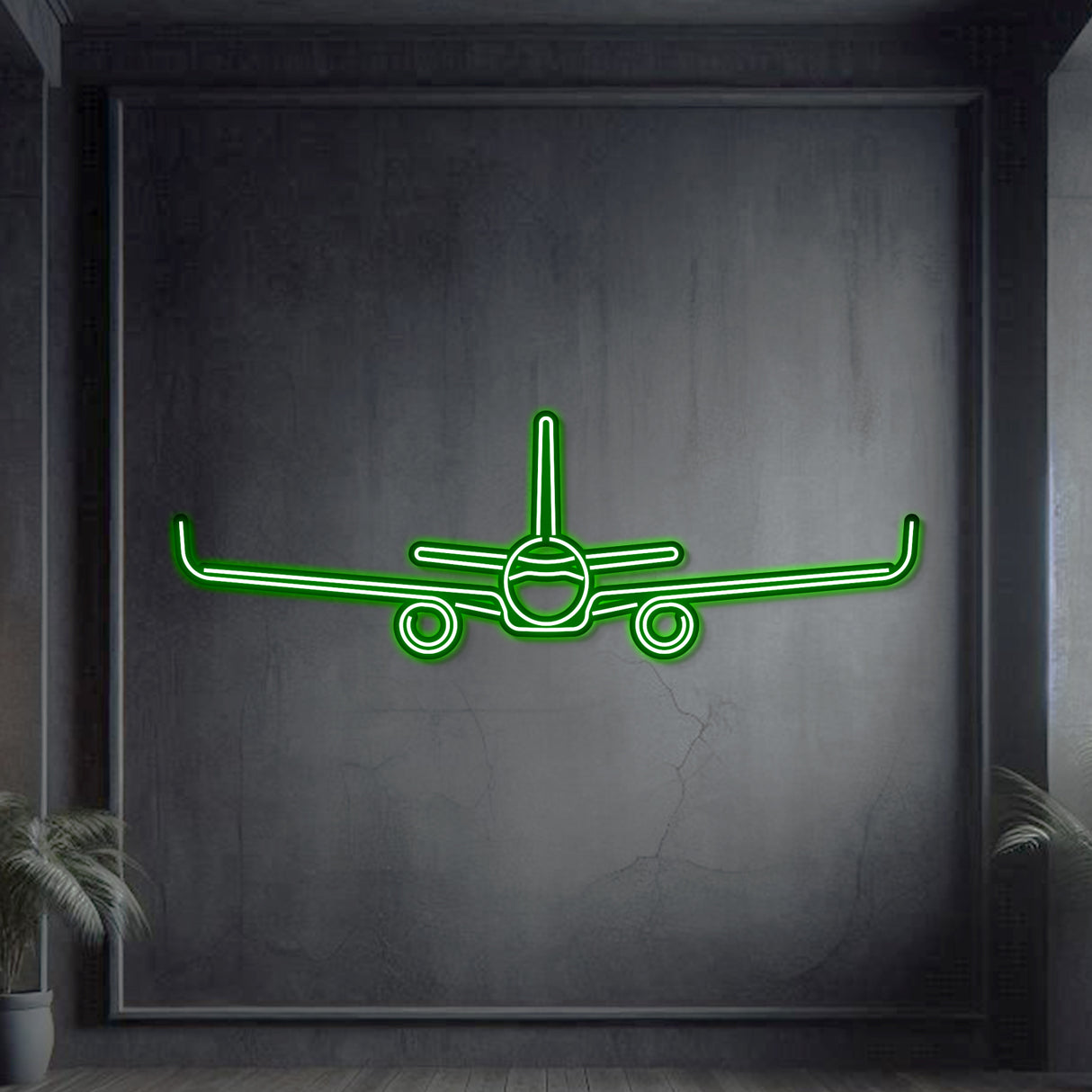 Neon A321 airliner wall art, matte finish 2 mm steel, ready to hang, modern aviation centerpiece