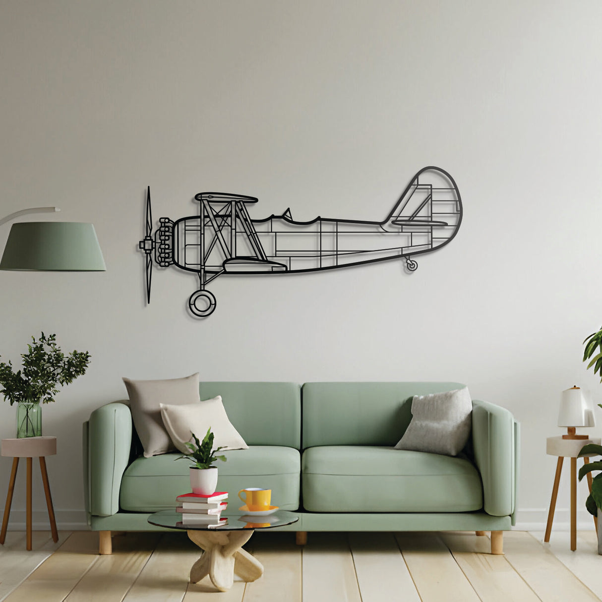 N3N‑3 metal wall art – precision laser‑cut biplane profile floating slightly off wall for dimensional and nostalgic aviation appeal