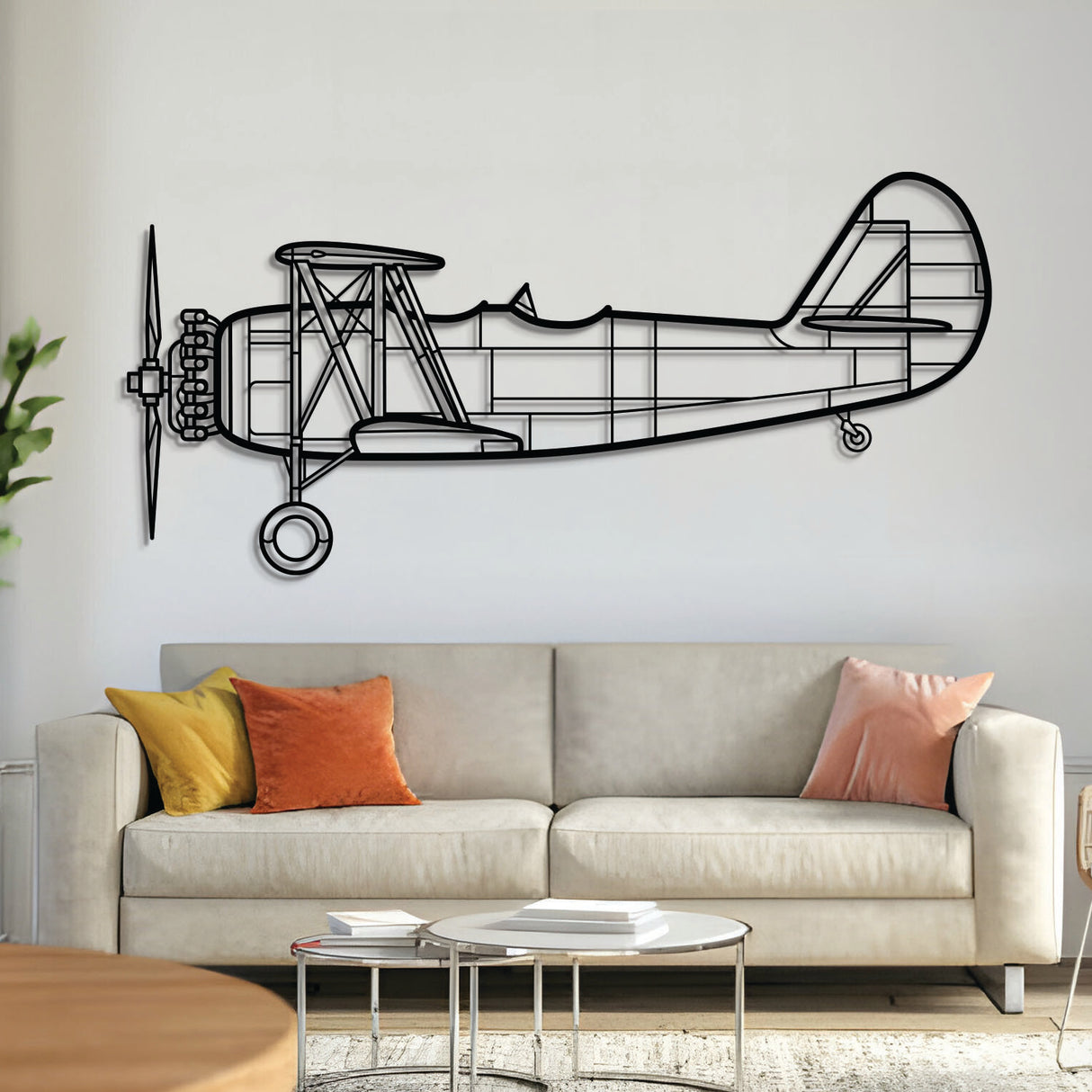 Naval Aircraft Factory N3N‑3 ‘Yellow Peril’ World War II biplane trainer silhouette – laser-cut 2 mm steel, textured matte powder‑coat, ready to hang