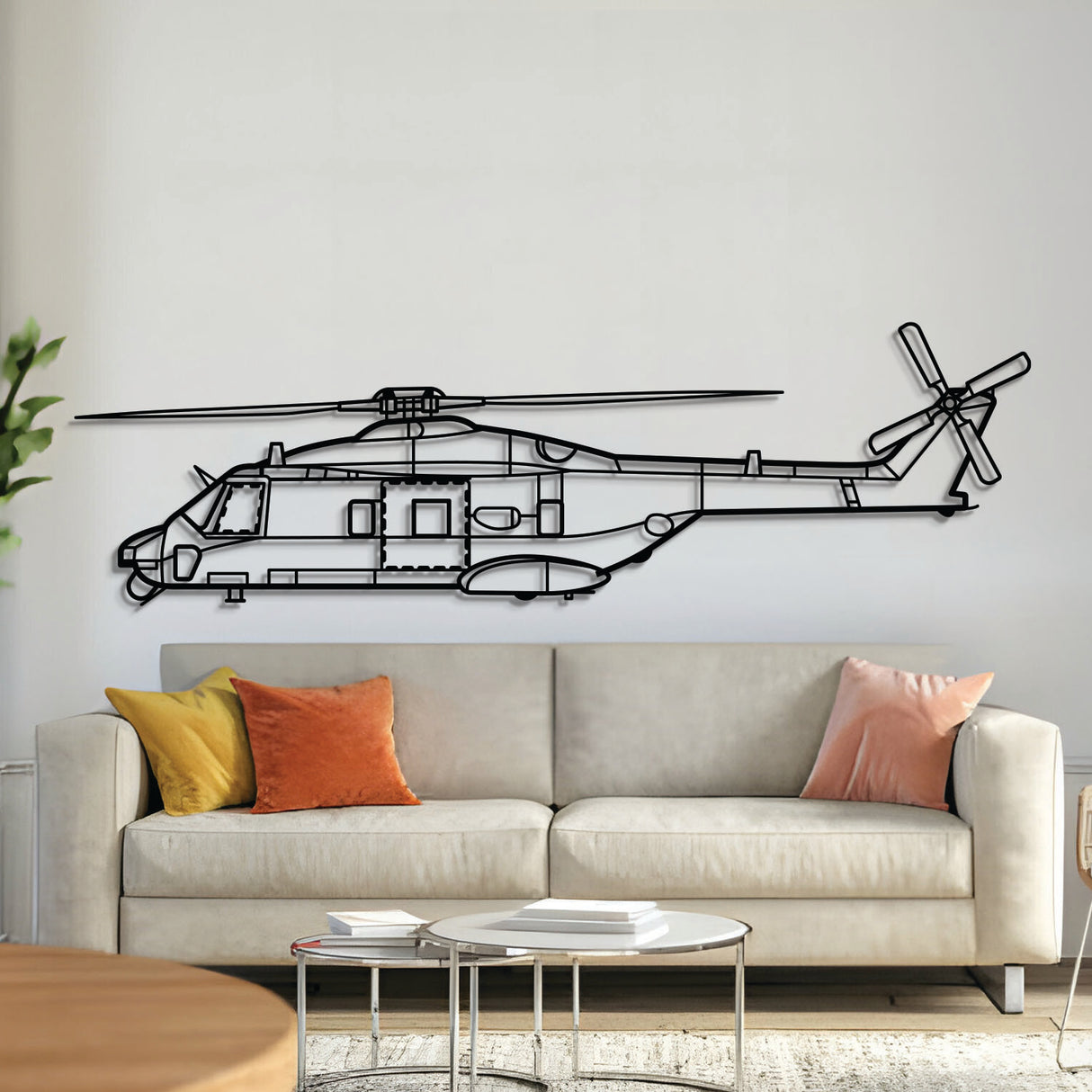 NH90 TTH tactical transport helicopter metal wall art, laser-cut 2 mm textured steel with matte coating