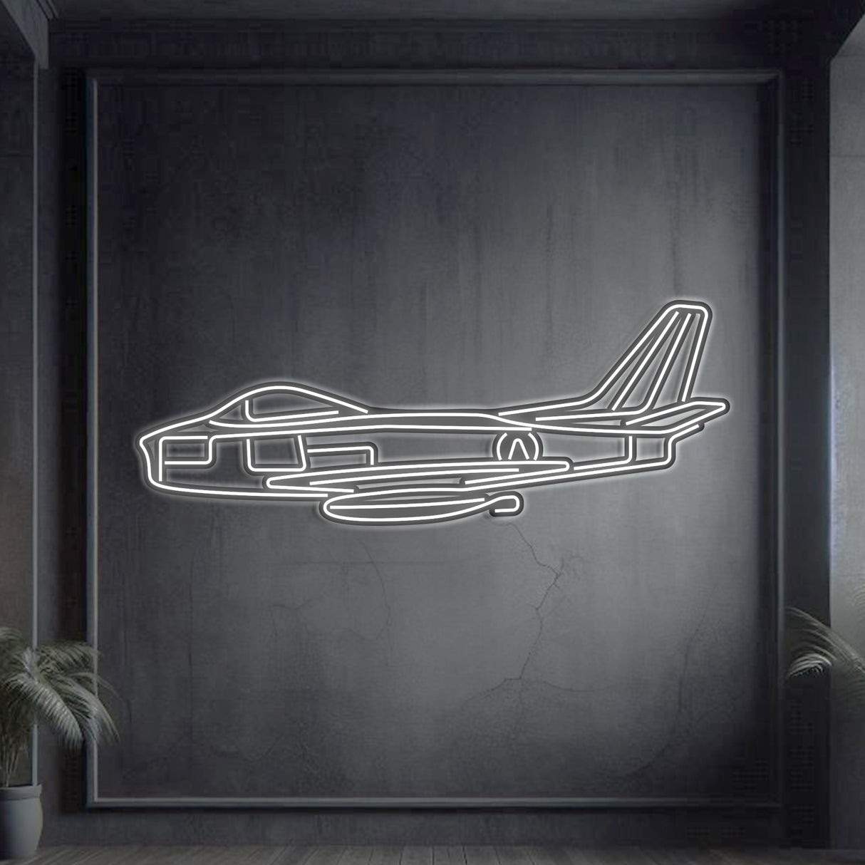 F‑86 Sabre swept‑wing jet fighter neon silhouette wall art, laser‑cut steel with glowing neon outline and dynamic 3D elevation