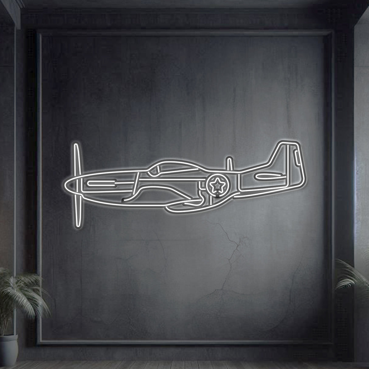 P‑51 Mustang neon silhouette wall art, laser‑cut steel with illuminated neon outline and dramatic 3D elevation