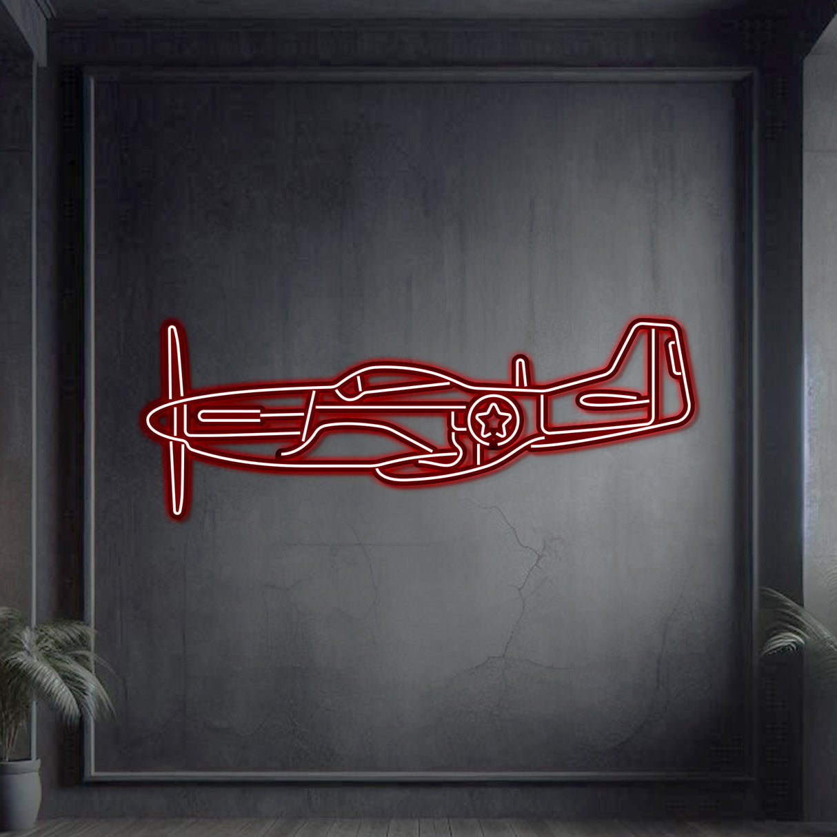 Matte‑finish P‑51 Mustang neon aircraft wall art, iconic heritage gift for special occasions like reunions or birthdays