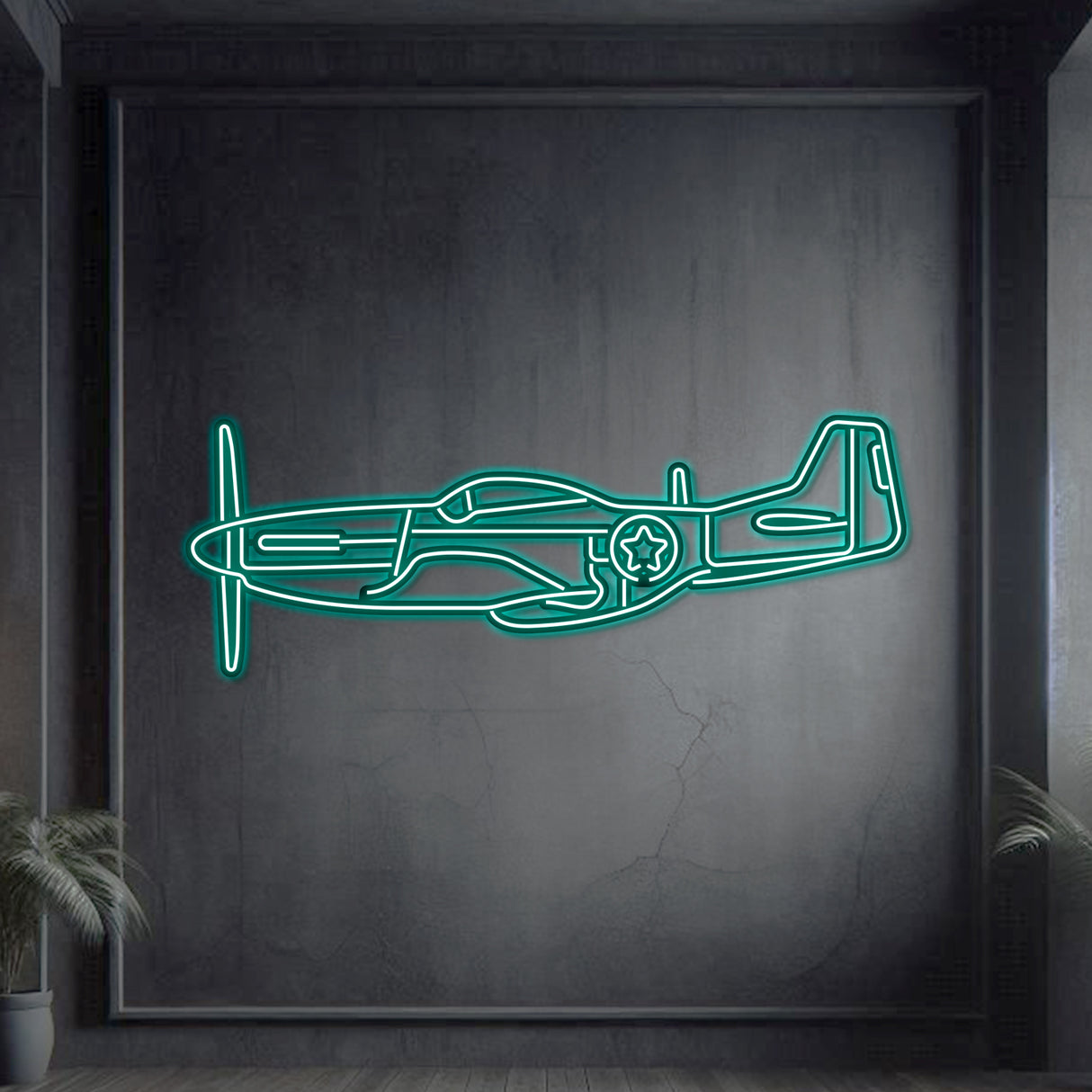 Neon‑lit P‑51 silhouette wall art, textured steel with floating neon frame for captivating 3D depth and ambiance