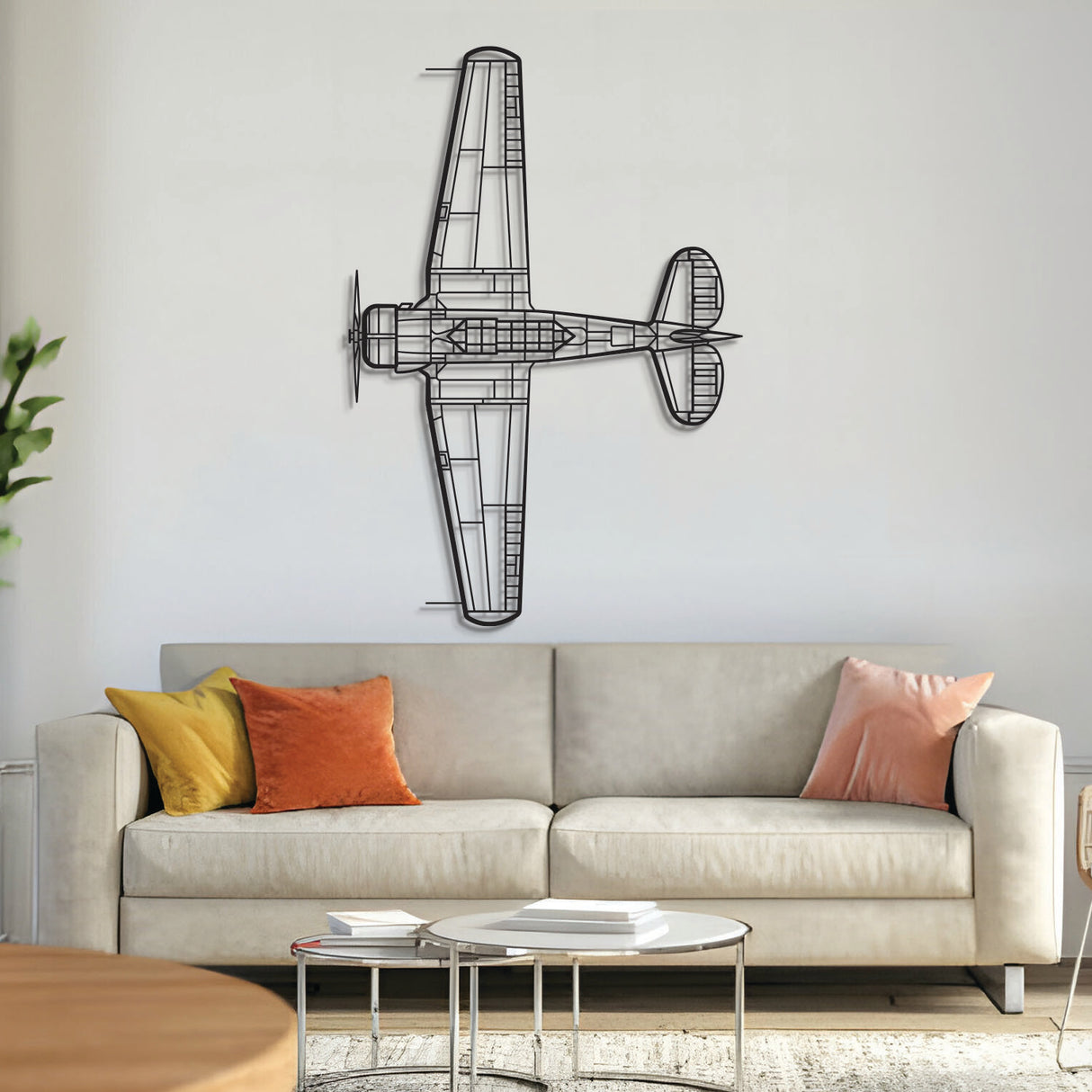North American SNJ‑5 Texan top view trainer aircraft metal wall art – laser‑cut 2 mm steel, textured matte powder‑coat, ready to hang