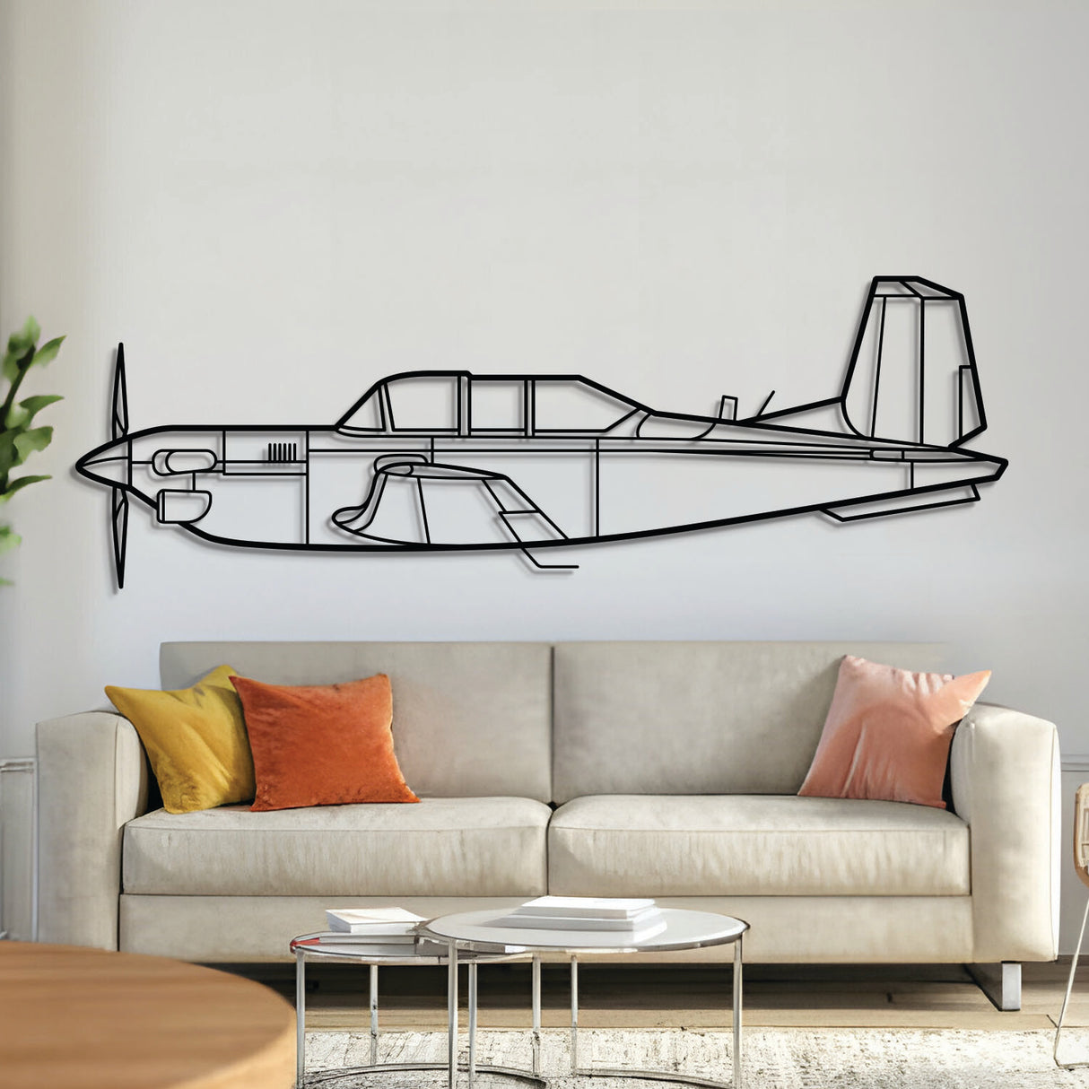 T‑34C Turbo Mentor metal aircraft wall art, laser‑cut 2 mm steel with matte powder coat and floating 3D effect