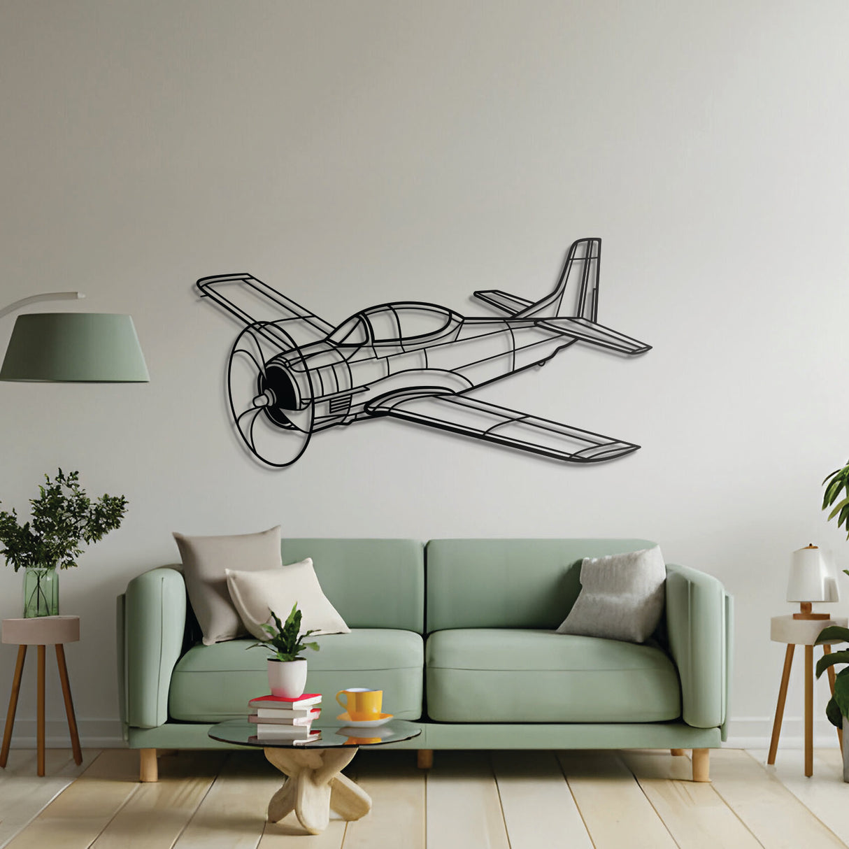 T-28 Trojan side profile metal wall piece – minimalist matte steel trainer plane silhouette, ready to hang